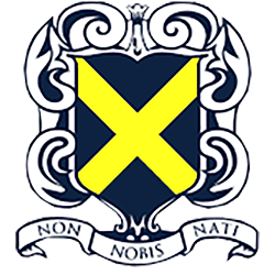 Old Albanians FC crest: yellow saltire on a navy shield with the motto Non Nobis Nati